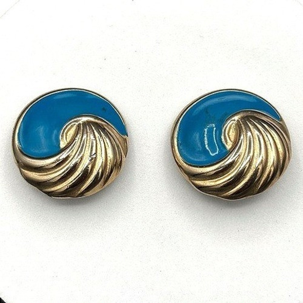 Vintage Gold-Tone & Turquoise Enamel Swirl Stud Earrings Retro 80s Style